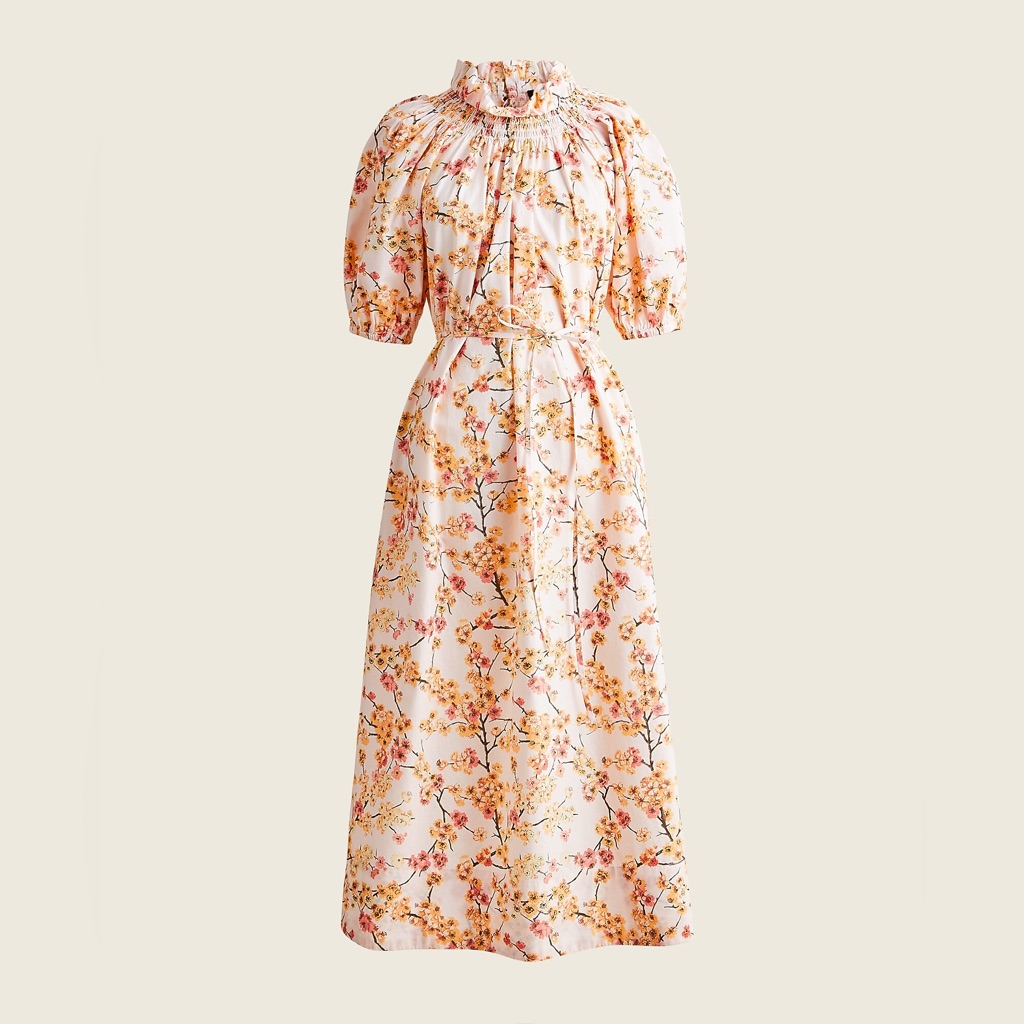 J. Crew Smocked Neck Puff-Sleeve Cotton Dress Pink Peach Cherry Blossoms Lg Nwt